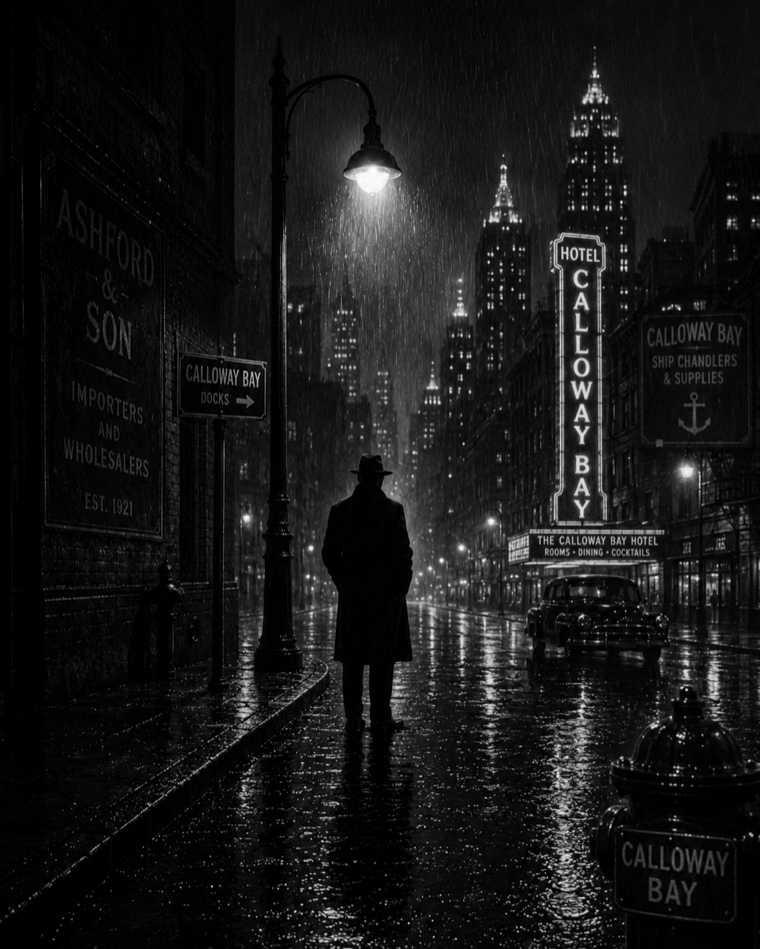 A lone figure under a streetlamp on a rain-slicked Calloway Bay street at night